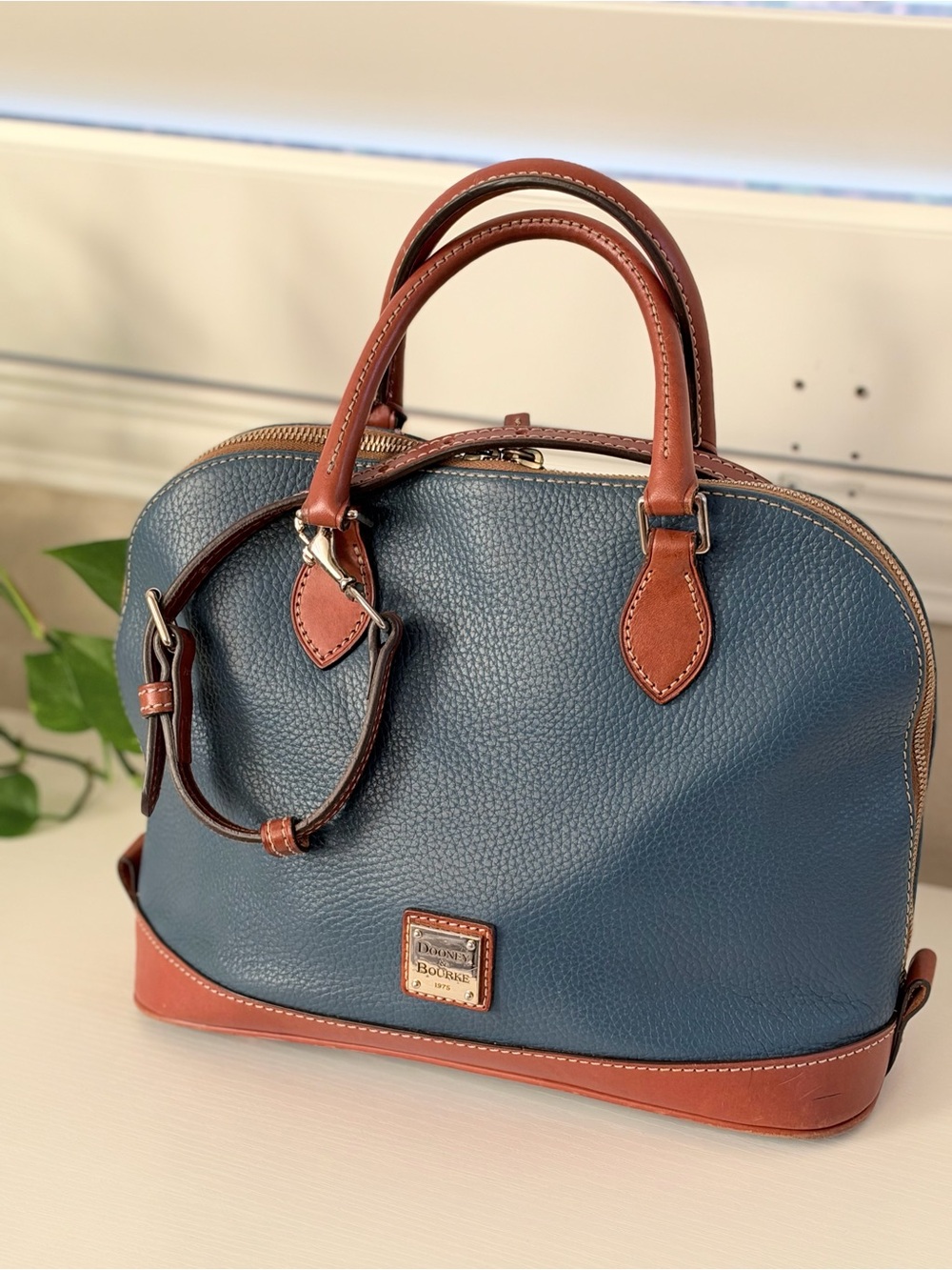 Dooney & Bourke Blue Pebbled Leather Satchel with Brown Trim